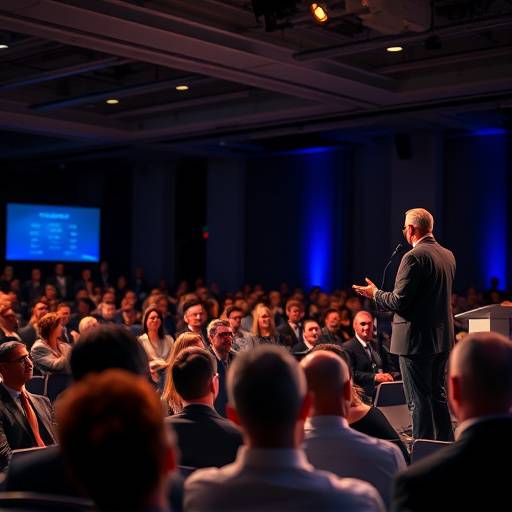 Candid shot from a corporate event, capturing a speaker on stage with a dynamic audience