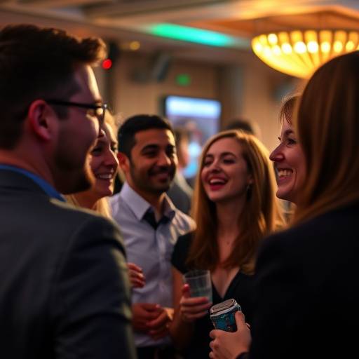 Candid shot of people enjoying a corporate event with dynamic lighting