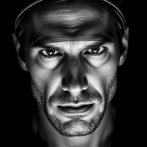 Dramatic black and white portrait of a man with intense expression