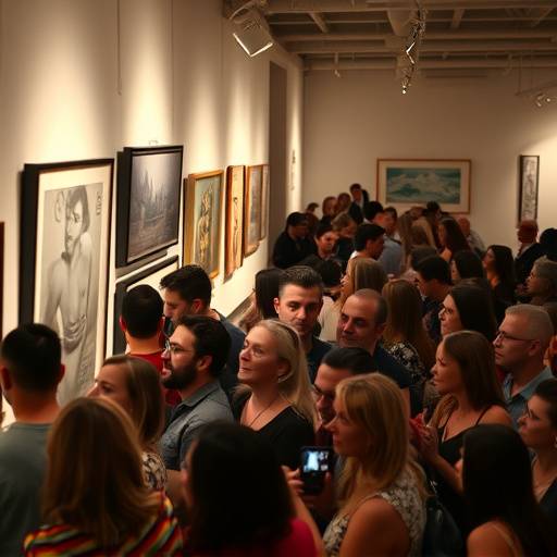 Photo capturing the excitement of an art gallery opening, people mingling and enjoying the artwork.