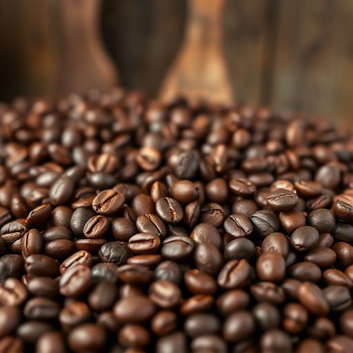 Professional photo of gourmet coffee beans in a rustic setting, highlighting their rich color and texture.